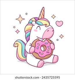 Cartoon Baby Unicorn Pony hug donut - kids apparel print design. Fairytale pony animal. Cute Kawaii  Unicorn sticker or tee print design. (Vector illustration)