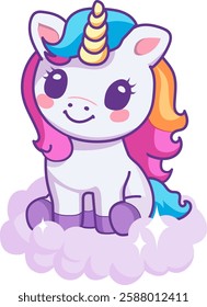 Cartoon baby Unicorn sits on a cloud, isolated in pastel colors. Kawaii children's print, poster, elememt for design of clothing, textiles, rooms.