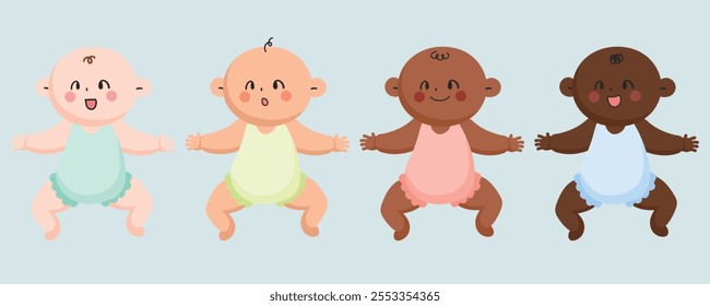 Cartoon baby vector illustration.Babies of different races and skin tones. Babysitting. Baby care. Nursing. Infant care