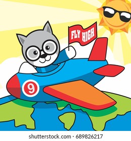 cartoon baby wolf on plane travel around the world for kids t shirt