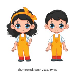 Cartoon baby in yellow overalls set, boy and girl. Profession cleaner. Vector illustration of a human character in a cartoon childish style. Isolated clipart on white background. cute boy print