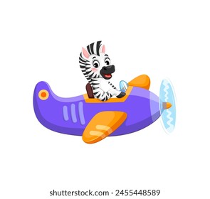 Cartoon baby zebra animal character on plane. Isolated vector adorable african personage flying in skies. Animal kid airplane pilot ready to embark on exciting airborne adventure with a friendly smile