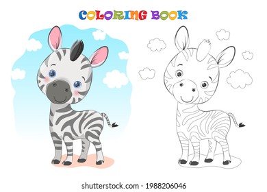 Cartoon baby Zebra with clouds. Coloring page and colorful clipart. Cute design for t shirt print, icon, logo, label, patch or sticker. Vector illustration EPS 10.