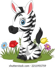 Cartoon baby zebra sitting in the grass