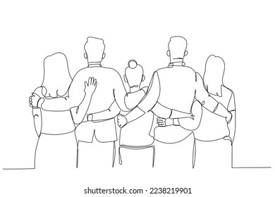 Cartoon of back rear view of young people stand in row hold hands hugging unity. One line style art
