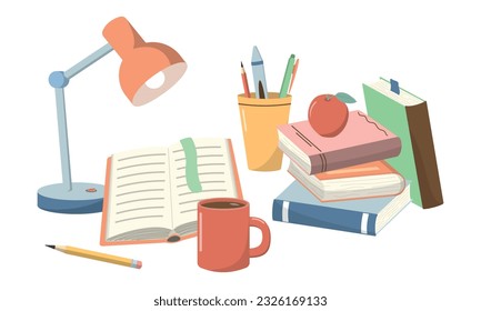 Cartoon Back to school banner with school supplies, stack books on table with desk lamp, mug. Vector illustration. Isolated on white background. Concept of homework, learning, and education.