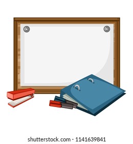 Cartoon Back to School Concept, Chalkboard with Stapler, Markers and File Folder Vector Illustration Isolated on White Background. Set of School Stationery Tools. School and Office Supplies.