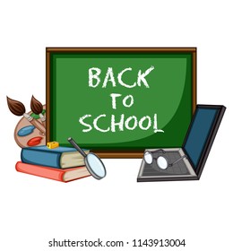 Cartoon Back to School Concept, Chalkboard with Laptop, Eyeglass, Books, Magnifying Glass, Paintbrush Vector Illustration Isolated on White Background. Set of School Stationery Tools, Office Supplies