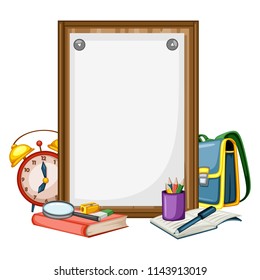 Cartoon Back to School Concept, Chalkboard with Alarm Clock, Book, Backpack, Pencil Box, Pen, Eraser Vector Illustration Isolated on White Background. Set of School Stationery Tools, Office Supplies