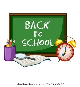 Cartoon Back to School Concept, Chalkboard with Pencil Box, Notebook, Magnifying Glass, Alarm Clock Vector Illustration Isolated on White Background. Set of School Stationery Tools, Office Supplies