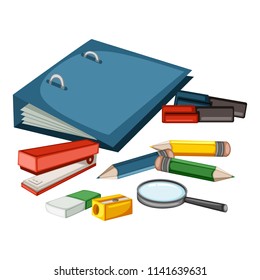 Cartoon Back to School Concept, Stapler, File Folder, Magnifying Glass, Markers, Pencils Vector Illustration Isolated on White Background. Set of School Stationery Tools. School and Office Supplies.