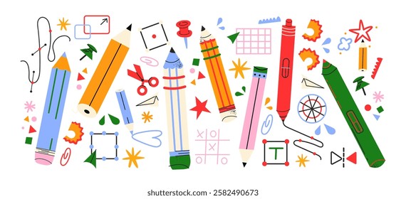 Cartoon back to school stickers in the 90s style. Stationery retro elements, pens, pencils, office, study. Groovy school supplies, lessons, university. Trendy bright vector set