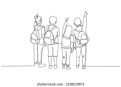 Cartoon of back view of multiethnic children with backpacks pointing at copy space. One line style art
