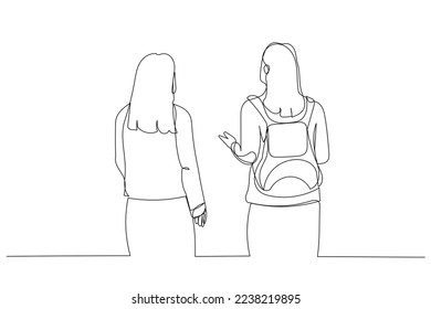 Cartoon of back view of two friends walking together. One continuous line art style
