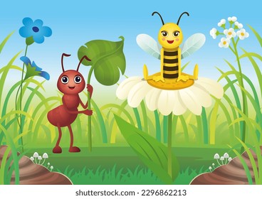 Fondo de caricatura con hormigas y abejas. Paisaje de verano de campo con hierba y dibujos animados insectos fondo cielo azul. Ilustración vectorial en estilo de caricatura