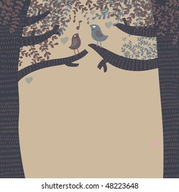 Cartoon background. Birds on the forest