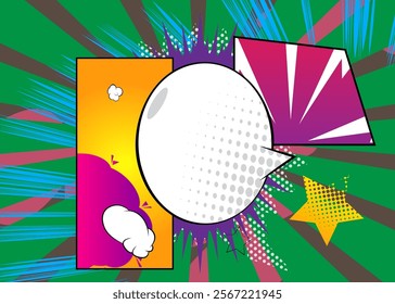 Cartoon background with blank speech bubble, comic book backdrop. Retro vector comics pop art design.