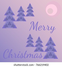 Cartoon background with Christmas trees. Text Merry Chrisrmas. Vector drawing in pastel colors for design of packaging, postcard, textile, poster.