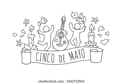 Cartoon background - Cinco de Mayo. Hand drawn vector illustration with people, guitar, candles, flowers and decoration.