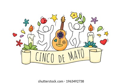 Cartoon background - Cinco de Mayo. Hand drawn vector illustration with people, guitar, candles, flowers and decoration.