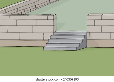 Cartoon background of concrete block garden patio with stairs