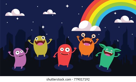 Cartoon background. Crazy monster children cartoon. Fun imaginary kids. Vector illustration