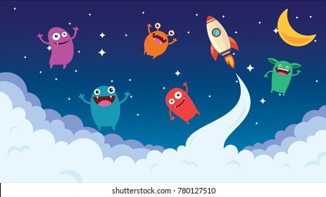 Cartoon background. Crazy monster children cartoon. Fun imaginary kids. Vector illustration