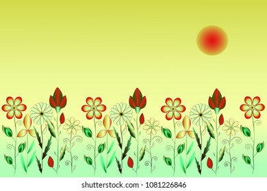 Cartoon background of daytime with floral elements and bright sun in the sky. Summertime doodle drawing, vector illustration