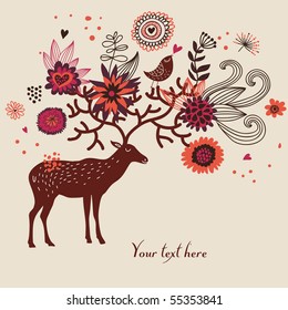 CArtoon background with deer and flowers