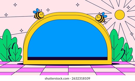 Cartoon background design cheerful bees resting on a yellow arch with blue space, surrounded by green leaves and a pink tiled floor. great for kids, nature, and fun concept themes