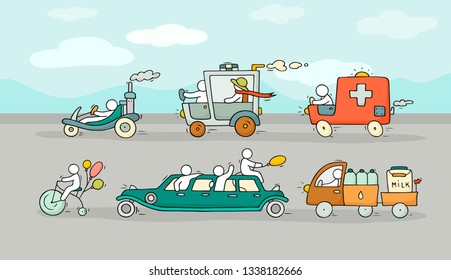 Cartoon background with different modes of transport. Doodle image of urban traffic with limousine, cars. A bright illustration with cute people for kid design.