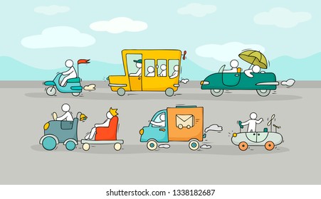 Cartoon background with different modes of transport. Doodle image of urban traffic with bus, cars. A bright illustration with cute people for kid design.