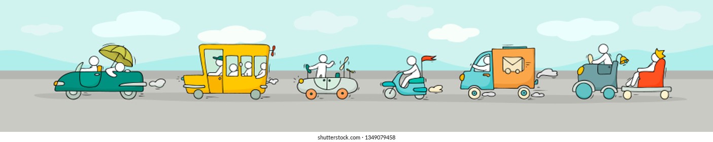 Cartoon background with different modes of transport. Doodle image of urban traffic with bus, cars. A bright illustration with cute people for kid design.