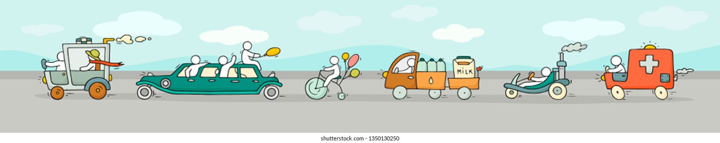 Cartoon background with different modes of transport. Doodle image of urban traffic with limousine, cars. A bright illustration with cute people for kid design.