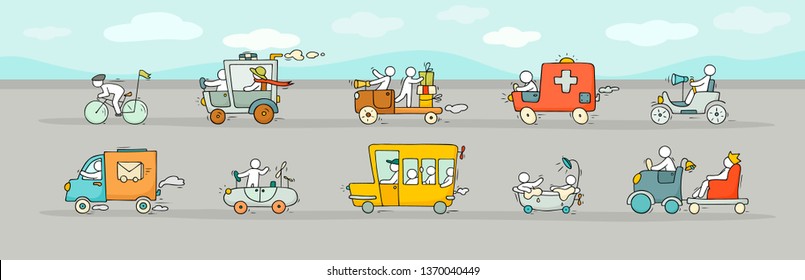 Cartoon background with different modes of transport. Doodle image of urban traffic with bus, cars. A bright illustration with cute people for kid design.