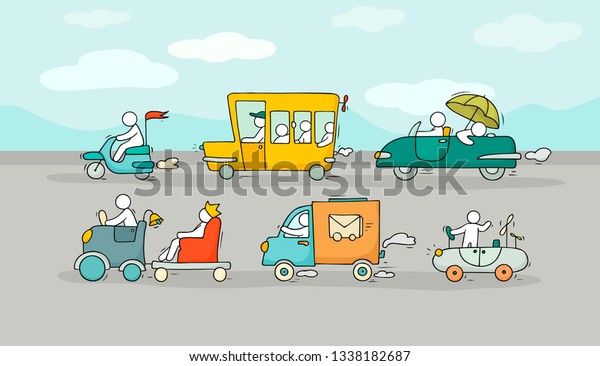 Cartoon background with different modes of\
transport. Doodle image of urban traffic with bus, cars. A bright\
illustration with cute people for kid\
design.