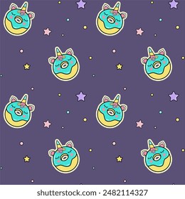 Cartoon background with donut unicorn. Childish seamless patterns for birthday party. 