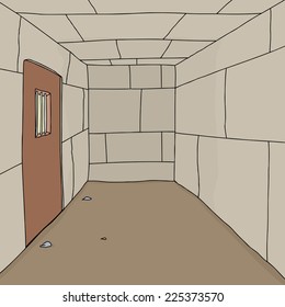 Cartoon background of empty prison cell with door