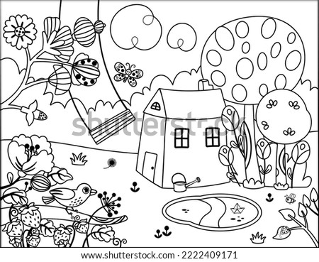 Cartoon background in enchanted garden theme. Black and white vector illustration.
