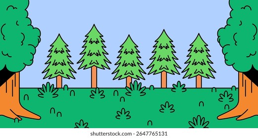 Cartoon background featuring a line of stylized pine trees and greenery in a flat, playful style for use as a seamless background in nature, environment, or outdoor