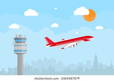 Cartoon-Hintergrund mit grauem Flughafenkontrollturm und fliegendem rotem Zivilflugzeug nach dem Start am blauen Himmel mit Wolken, Sonne und Stadt-Skyline-Silhouette. Vektorillustration in flachem Design