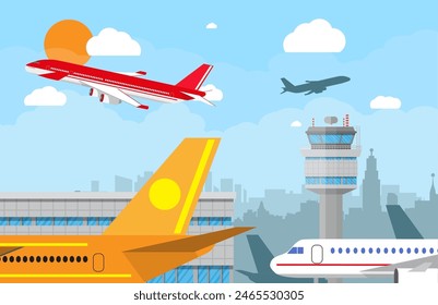 Cartoon background with gray airport control tower and flying red civil airplane after take off in blue sky with clouds, sun and city skyline silhouette. Vector illustration in flat design