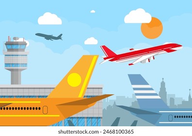 Cartoon background with gray airport control tower and flying red civil airplane after take off in blue sky with clouds, sun and city skyline silhouette. vector illustration in flat design