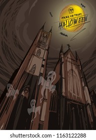 cartoon background halloween,haunting church and ghost ,trick or treat