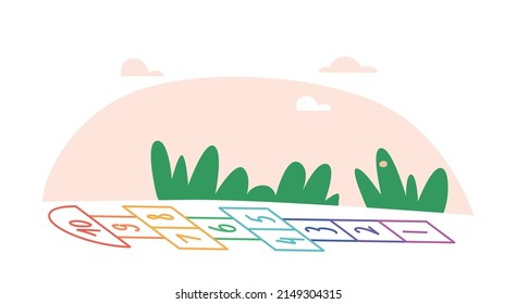 Cartoon Background with Hopscotch Game for Children, Colorful Chalk Drawing on Ground. Grid with Numbers Painted on Asphalt at House Yard. Activity for Kids, Playground Landscape. Vector Illustration