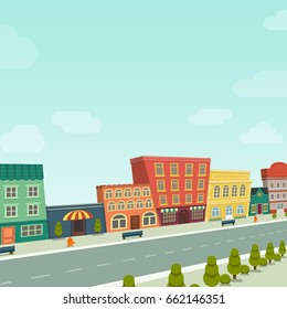Cartoon background houses street line panorama cityscape in perspective for kids fun, vector illustration