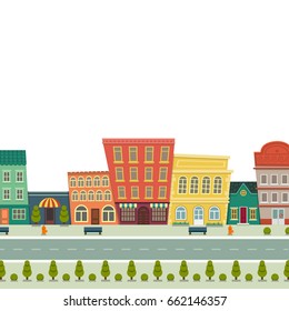 Cartoon background houses street line panorama cityscapefor kids fun, vector illustration