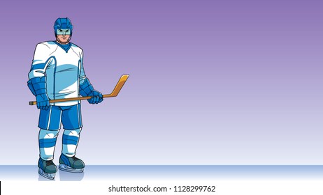 Cartoon background with ice hockey player on ice hockey rink, and copy space for your text.