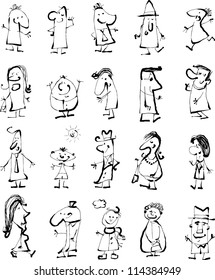 Cartoon Background Illustration of Happy Black and White Doodle People Sketch Set