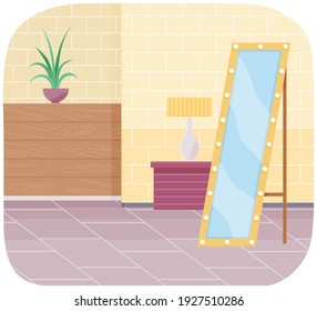 Cartoon background of living room with window, potted plant on windowsill, floor mirror. Indoor furniture design, modern home interior. Arrangement of furniture and layout of premises in apartment